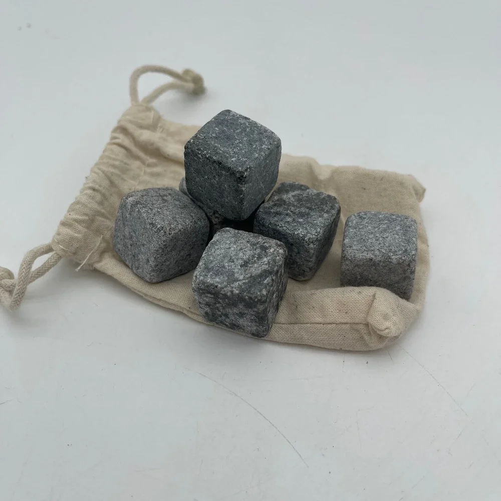 Set of 6 Natural Soapstone Whiskey Stones Grey Chilling Rocks with Pouch